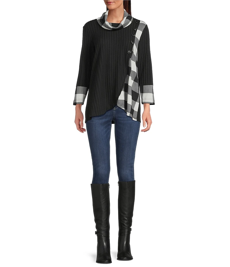 Ali Miles Brushed Buffalo Plaid Textured Knit Cowl Neck 3/4 Sleeve Pullover Tunic