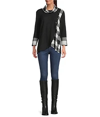 Ali Miles Brushed Buffalo Plaid Textured Knit Cowl Neck 3/4 Sleeve Pullover Tunic