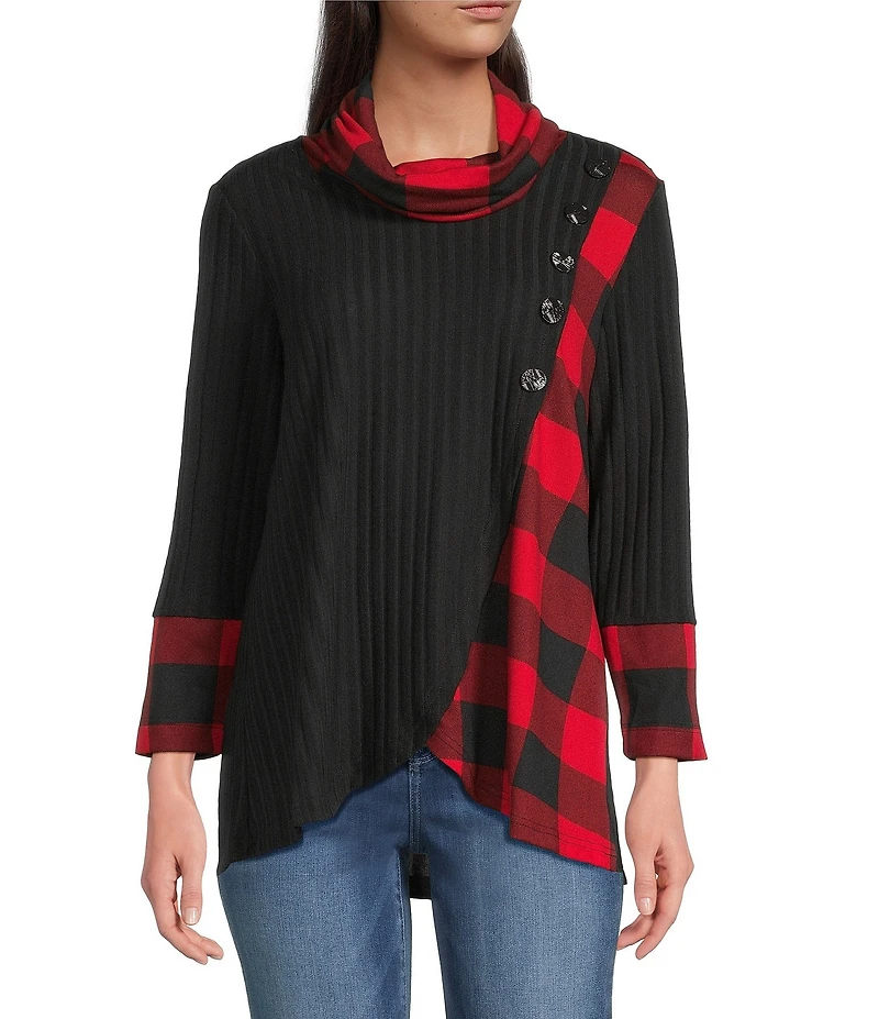 Ali Miles Brushed Buffalo Plaid Textured Knit Cowl Neck 3/4 Sleeve Pullover Tunic