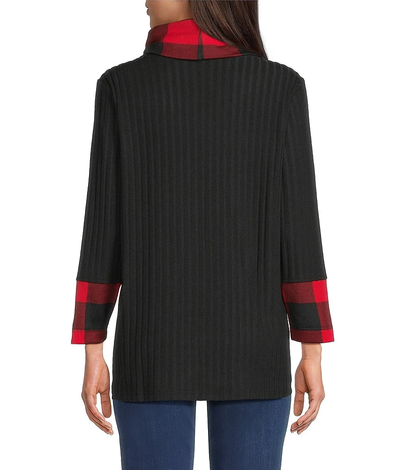 Ali Miles Brushed Buffalo Plaid Textured Knit Cowl Neck 3/4 Sleeve Pullover Tunic