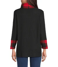 Ali Miles Brushed Buffalo Plaid Textured Knit Cowl Neck 3/4 Sleeve Pullover Tunic