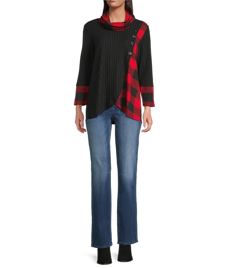 Ali Miles Brushed Buffalo Plaid Textured Knit Cowl Neck 3/4 Sleeve Pullover Tunic