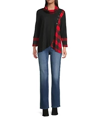 Ali Miles Brushed Buffalo Plaid Textured Knit Cowl Neck 3/4 Sleeve Pullover Tunic