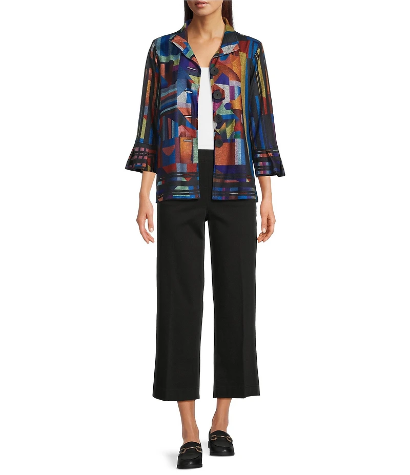 Ali Miles Brushed Knit Abstract Print Wire Collar 3/4 Sleeve Button Front Jacket