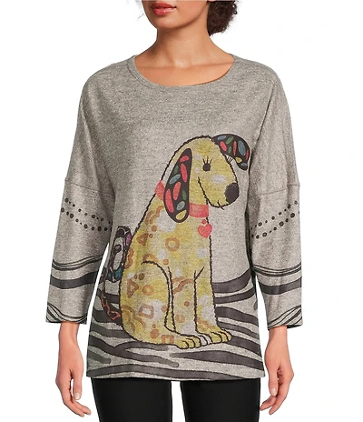 Ali Miles Brushed Knit Round Neck Long Sleeve Novelty Abstract Stripe Dog Print Popover Tunic