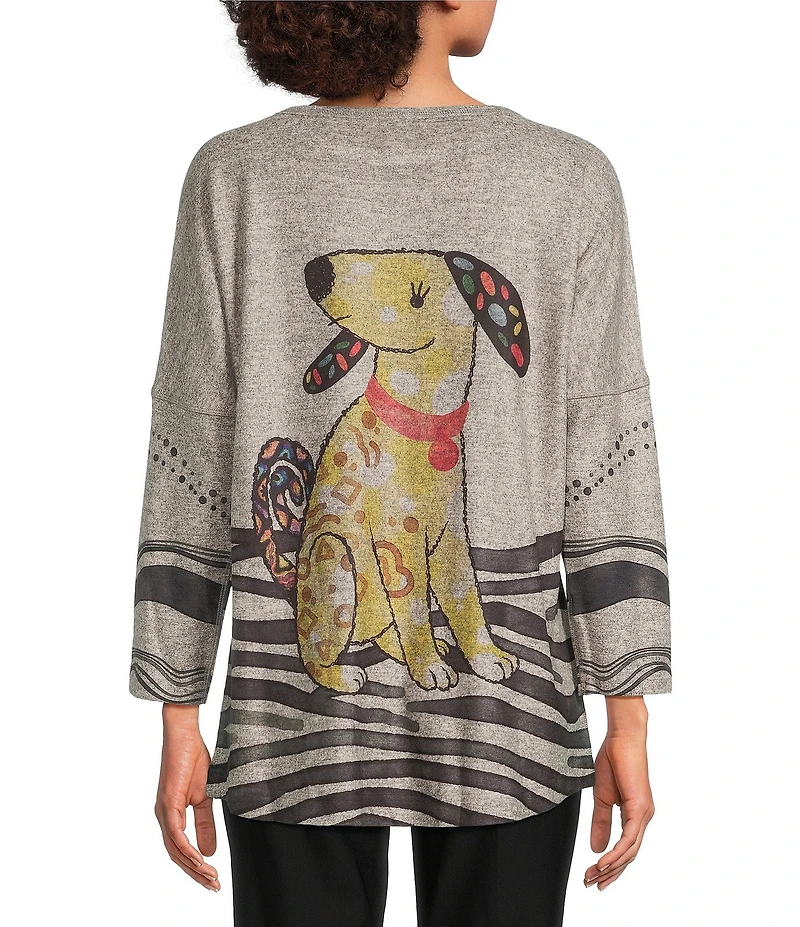 Ali Miles Brushed Knit Round Neck Long Sleeve Novelty Abstract Stripe Dog Print Popover Tunic