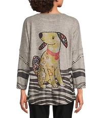 Ali Miles Brushed Knit Round Neck Long Sleeve Novelty Abstract Stripe Dog Print Popover Tunic