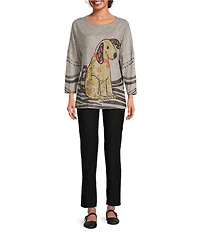 Ali Miles Brushed Knit Round Neck Long Sleeve Novelty Abstract Stripe Dog Print Popover Tunic