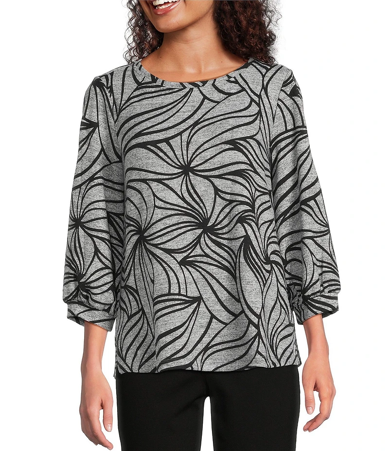 Ali Miles Brushed Knit Stripe Round Neck 3/4 Cuff Sleeve Tunic