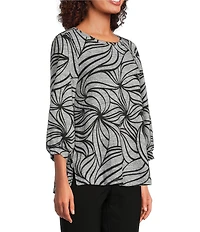 Ali Miles Brushed Knit Stripe Round Neck 3/4 Cuff Sleeve Tunic