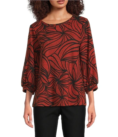 Ali Miles Brushed Knit Stripe Round Neck 3/4 Cuff Sleeve Tunic