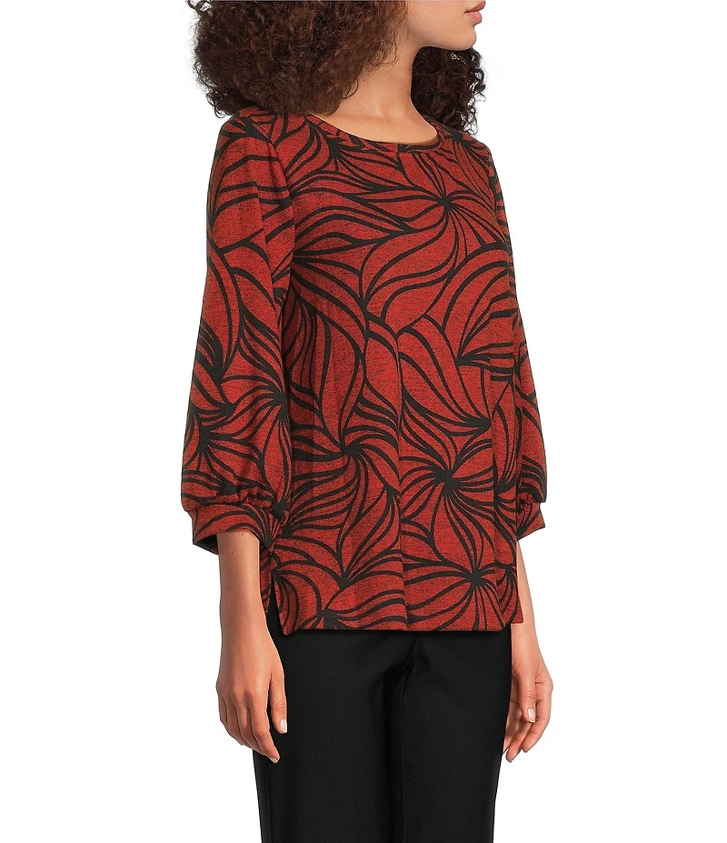 Ali Miles Brushed Knit Stripe Round Neck 3/4 Cuff Sleeve Tunic