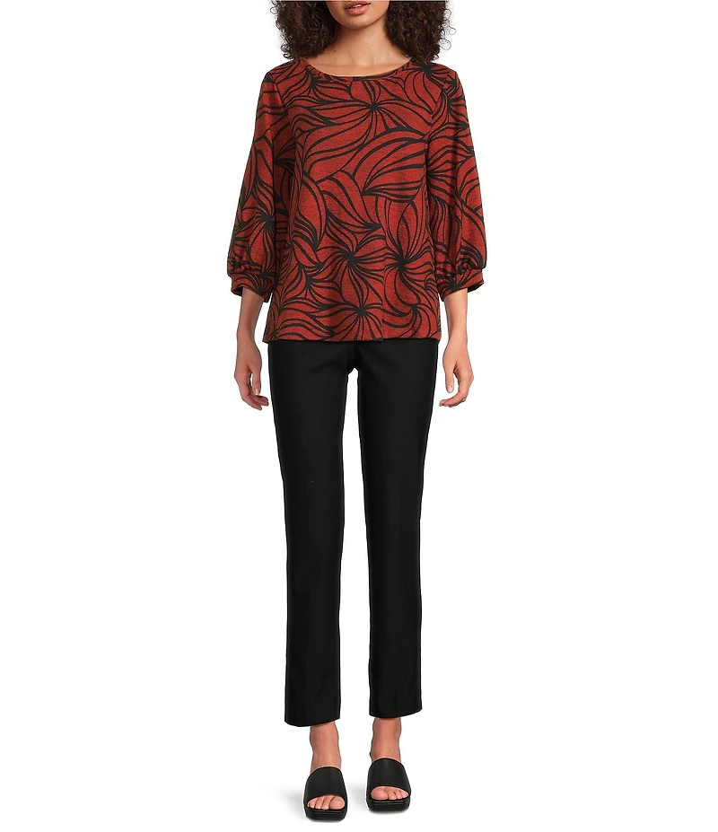 Ali Miles Brushed Knit Stripe Round Neck 3/4 Cuff Sleeve Tunic