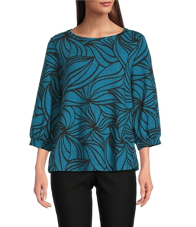 Ali Miles Brushed Knit Stripe Round Neck 3/4 Cuff Sleeve Tunic