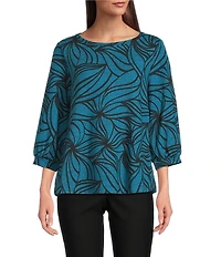 Ali Miles Brushed Knit Stripe Round Neck 3/4 Cuff Sleeve Tunic