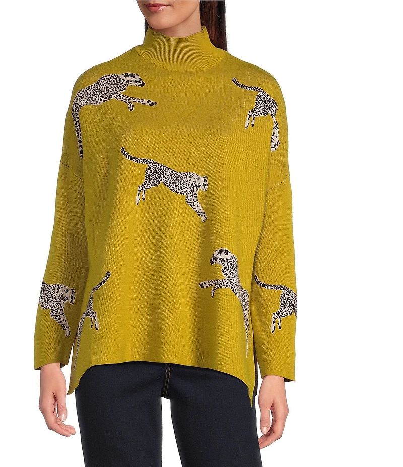 Ali Miles Cheetah Jacquard Print Mock Neck Long Sleeve Popover Sweater