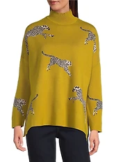 Ali Miles Cheetah Jacquard Print Mock Neck Long Sleeve Popover Sweater