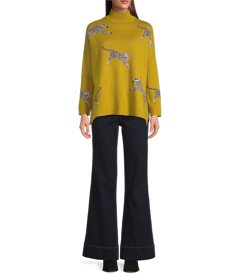 Ali Miles Cheetah Jacquard Print Mock Neck Long Sleeve Popover Sweater