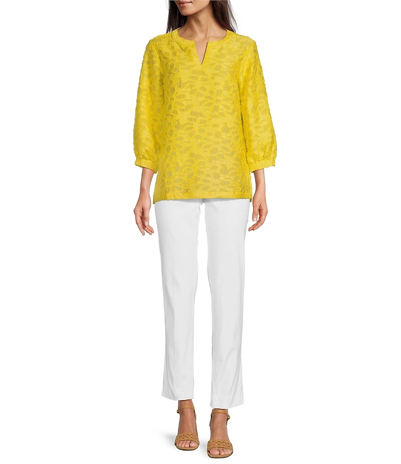 Ali Miles Clipped Jacquard Split V-Neck 3/4 Sleeve Tunic
