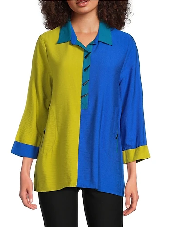 Ali Miles Color Block Point Collar 3/4 Cuff Sleeve Front Button Pop-Over Tunic