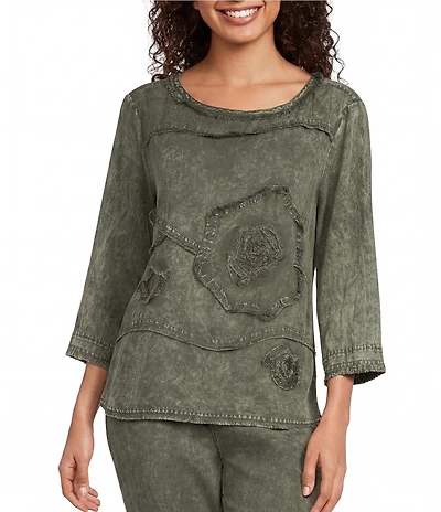Ali Miles Coordinating Lyocell Woven Floral Applique Round Neck 3/4 Sleeve Top