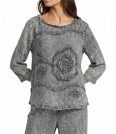Ali Miles Coordinating Lyocell Woven Floral Applique Round Neck 3/4 Sleeve Top