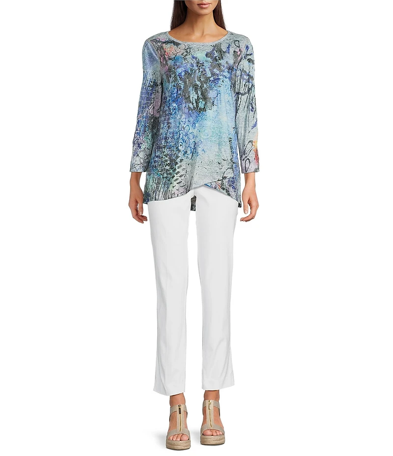 Ali Miles Crinkle Knit Burnout Abstract Print Round Neck 3/4 Sleeve Hi-Low Hem Tunic