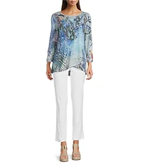 Ali Miles Crinkle Knit Burnout Abstract Print Round Neck 3/4 Sleeve Hi-Low Hem Tunic