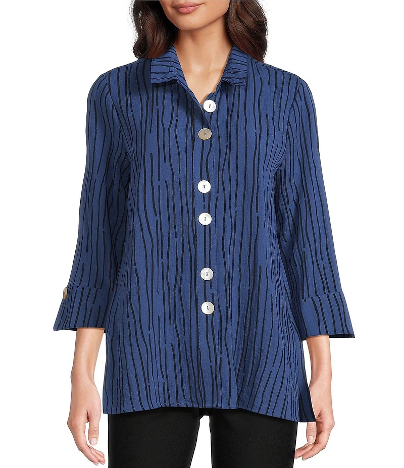 Ali Miles Crinkle Woven Abstract Stripe Wire Collar 3/4 Sleeve Button Front Tunic