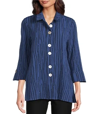 Ali Miles Crinkle Woven Abstract Stripe Wire Collar 3/4 Sleeve Button Front Tunic