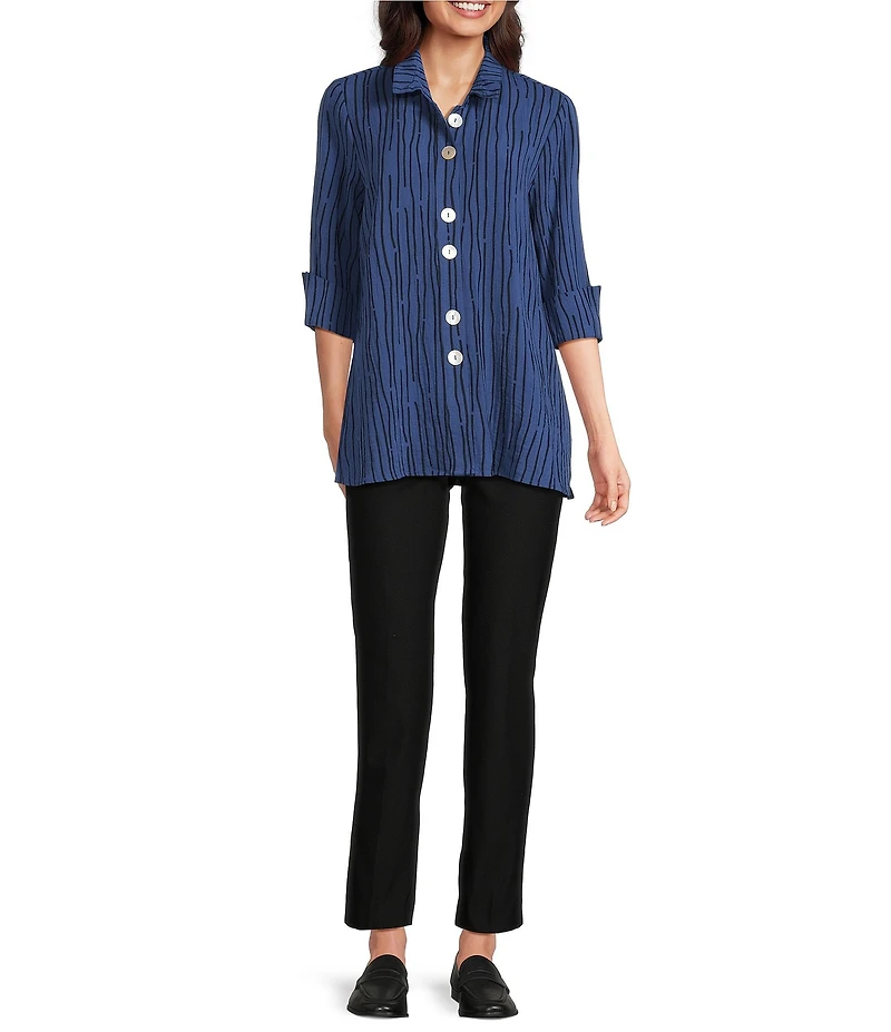 Ali Miles Crinkle Woven Abstract Stripe Wire Collar 3/4 Sleeve Button Front Tunic