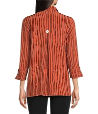 Ali Miles Crinkle Woven Abstract Stripe Wire Collar 3/4 Sleeve Button Front Tunic