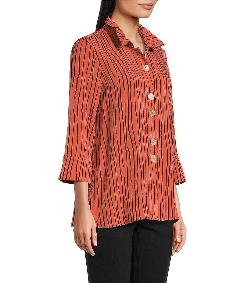 Ali Miles Crinkle Woven Abstract Stripe Wire Collar 3/4 Sleeve Button Front Tunic