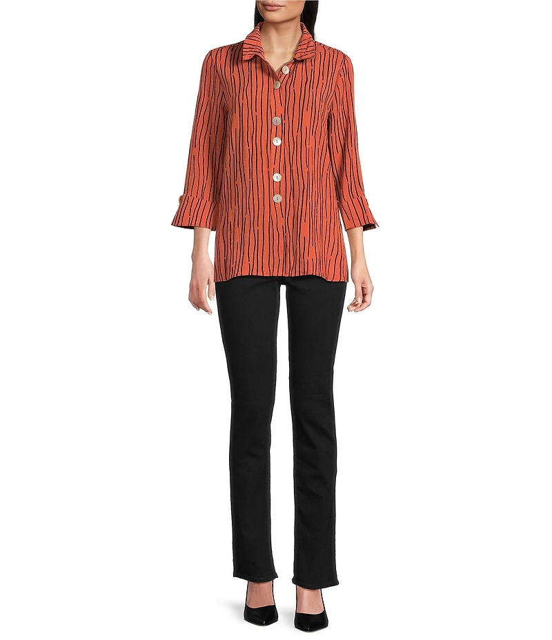 Ali Miles Crinkle Woven Abstract Stripe Wire Collar 3/4 Sleeve Button Front Tunic