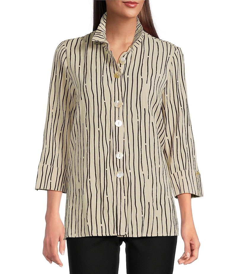 Ali Miles Crinkle Woven Abstract Stripe Wire Collar 3/4 Sleeve Button Front Tunic