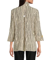 Ali Miles Crinkle Woven Abstract Stripe Wire Collar 3/4 Sleeve Button Front Tunic
