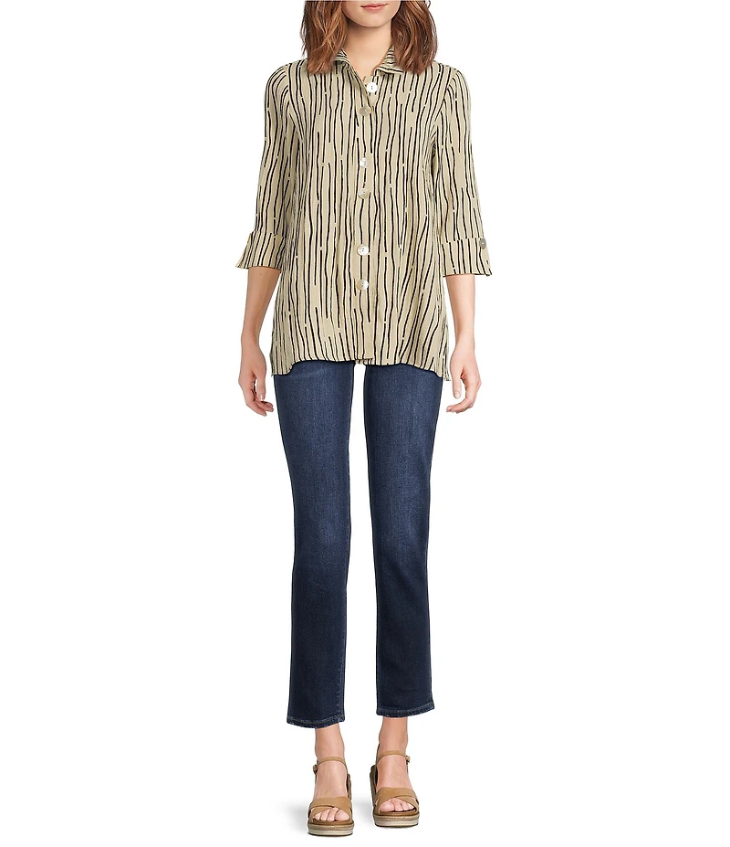 Ali Miles Crinkle Woven Abstract Stripe Wire Collar 3/4 Sleeve Button Front Tunic