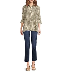 Ali Miles Crinkle Woven Abstract Stripe Wire Collar 3/4 Sleeve Button Front Tunic