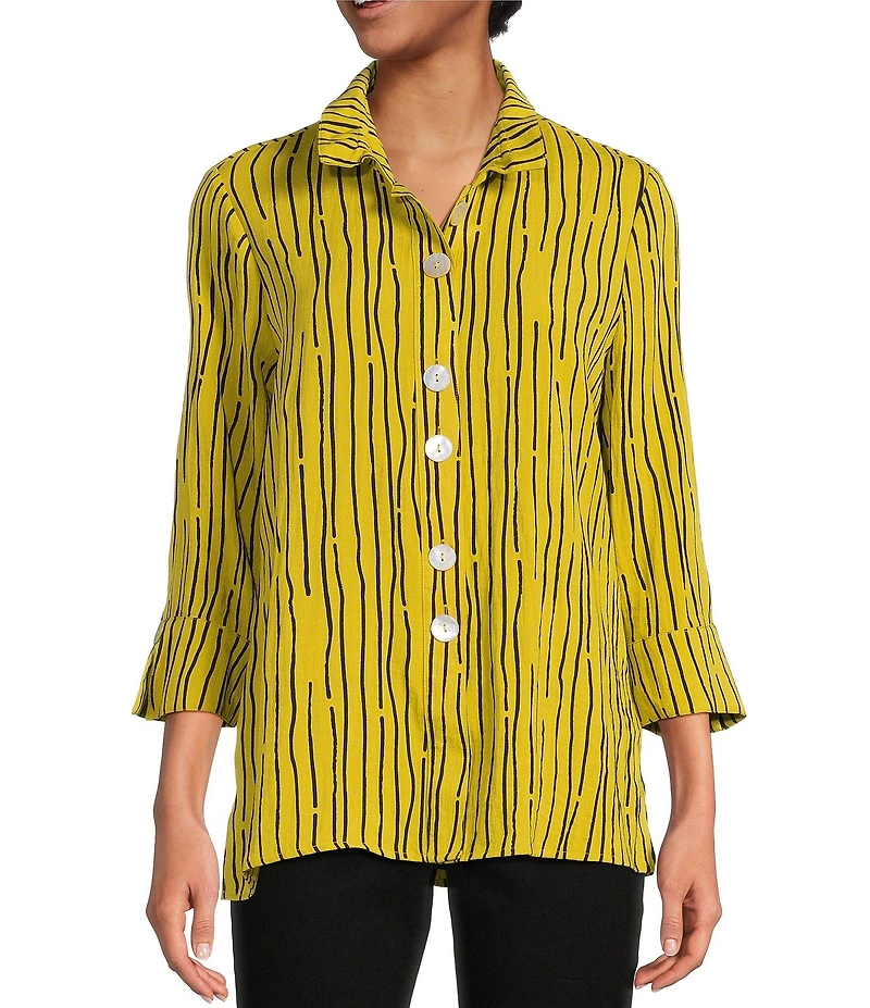 Ali Miles Crinkle Woven Abstract Stripe Wire Collar 3/4 Sleeve Button Front Tunic