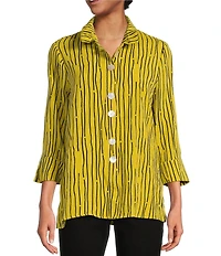 Ali Miles Crinkle Woven Abstract Stripe Wire Collar 3/4 Sleeve Button Front Tunic