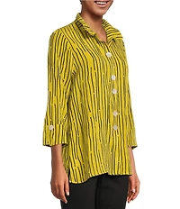 Ali Miles Crinkle Woven Abstract Stripe Wire Collar 3/4 Sleeve Button Front Tunic