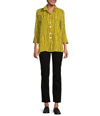 Ali Miles Crinkle Woven Abstract Stripe Wire Collar 3/4 Sleeve Button Front Tunic