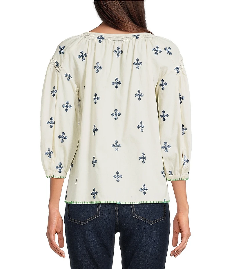 Ali Miles Cross Embroidered Smocked Detailed Blanket Stitched Split-V Neck Long Sleeve Top