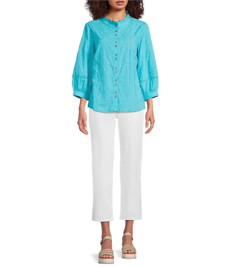 Ali Miles Embroidered Eyelet Floral Stand Collar 3/4 Sleeve Button- Front Tunic