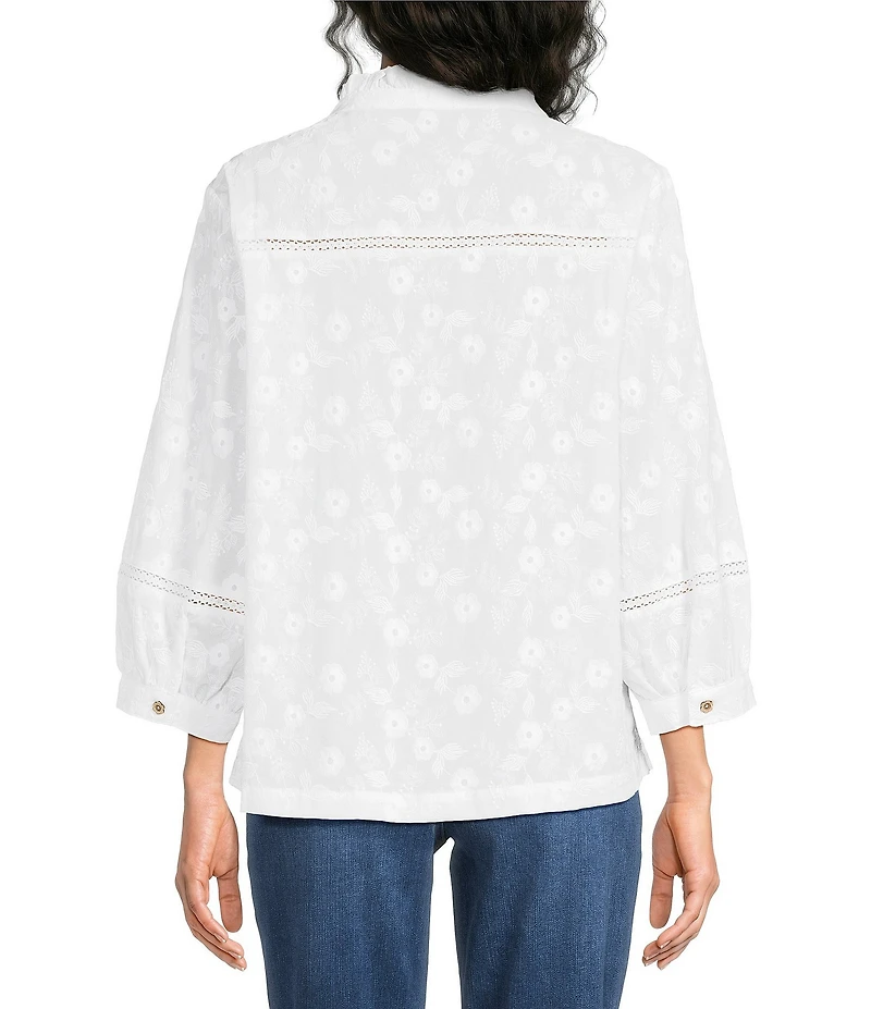Ali Miles Embroidered Eyelet Floral Stand Collar 3/4 Sleeve Button- Front Tunic