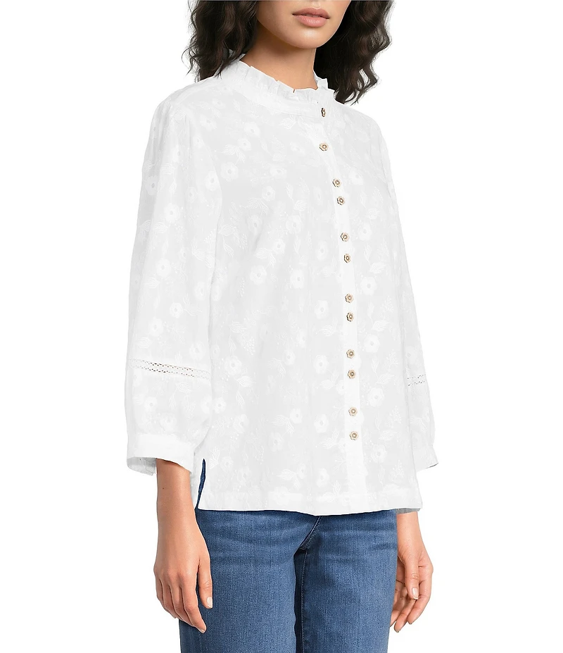 Ali Miles Embroidered Eyelet Floral Stand Collar 3/4 Sleeve Button- Front Tunic