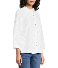 Ali Miles Embroidered Eyelet Floral Stand Collar 3/4 Sleeve Button- Front Tunic