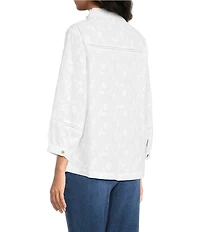 Ali Miles Embroidered Eyelet Floral Stand Collar 3/4 Sleeve Button- Front Tunic