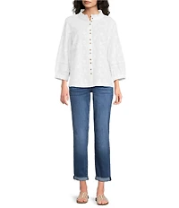 Ali Miles Embroidered Eyelet Floral Stand Collar 3/4 Sleeve Button- Front Tunic