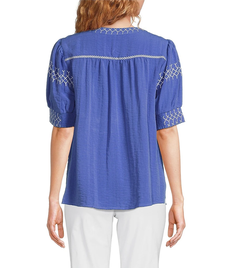 Ali Miles Embroidered Split V-Neck Elbow Sleeve Tunic